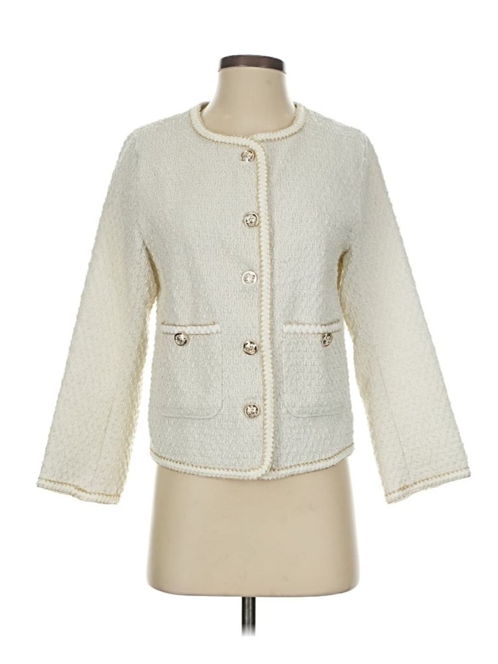 Elegant Cream Bouclé Jacket with Silver Buttons